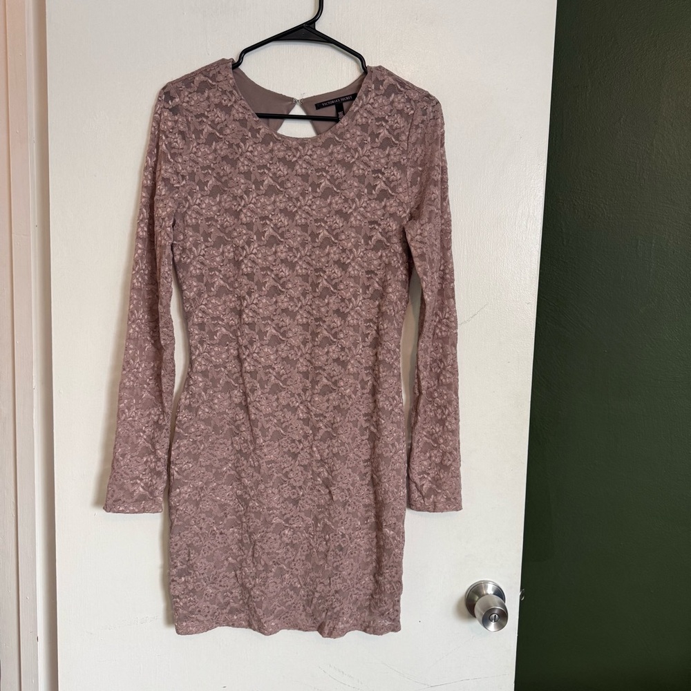 victorias secret lace long sleeve mini open back bodycon dress mauve Size med